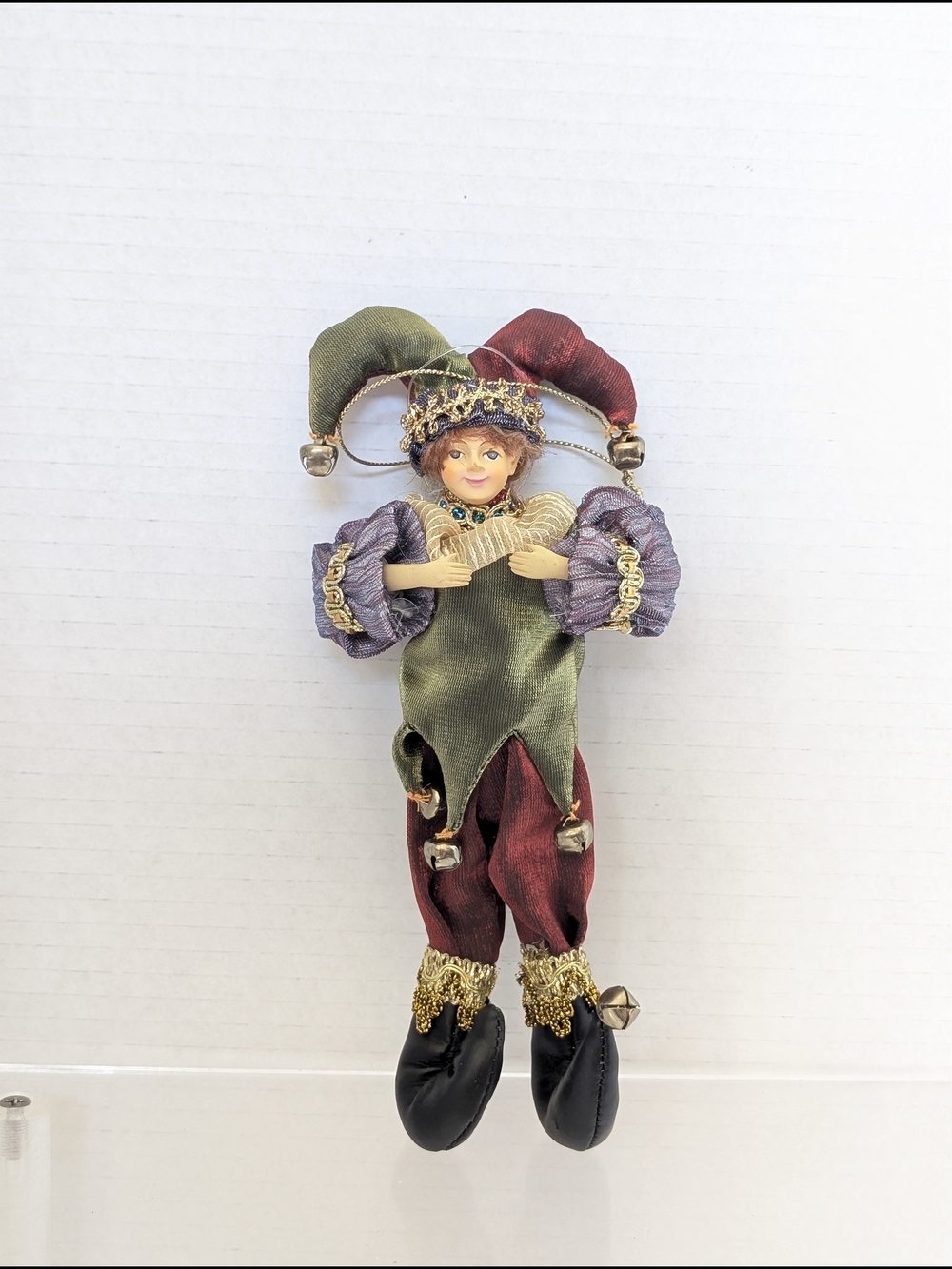 Handcrafted Jester Doll Ornament in Green, Red & Purple